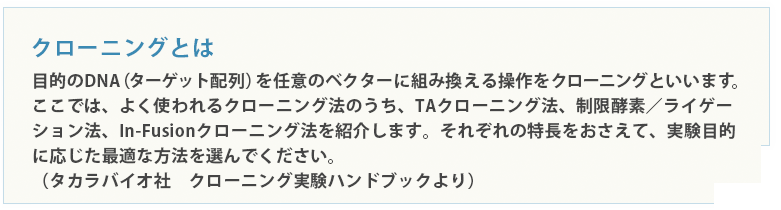 目的のDNA（ターゲット配列）を任意のベクターに組み換える操作をクローニングといいます。 ここでは、よく使われるクローニング法のうち、TAクローニング法、制限酵素／ライゲー ション法、In-Fusionクローニング法を紹介します。それぞれの特長をおさえて、実験目的に応じた最適な方法を選んでください。（タカラバイオ社　クローニング実験ハンドブックより）